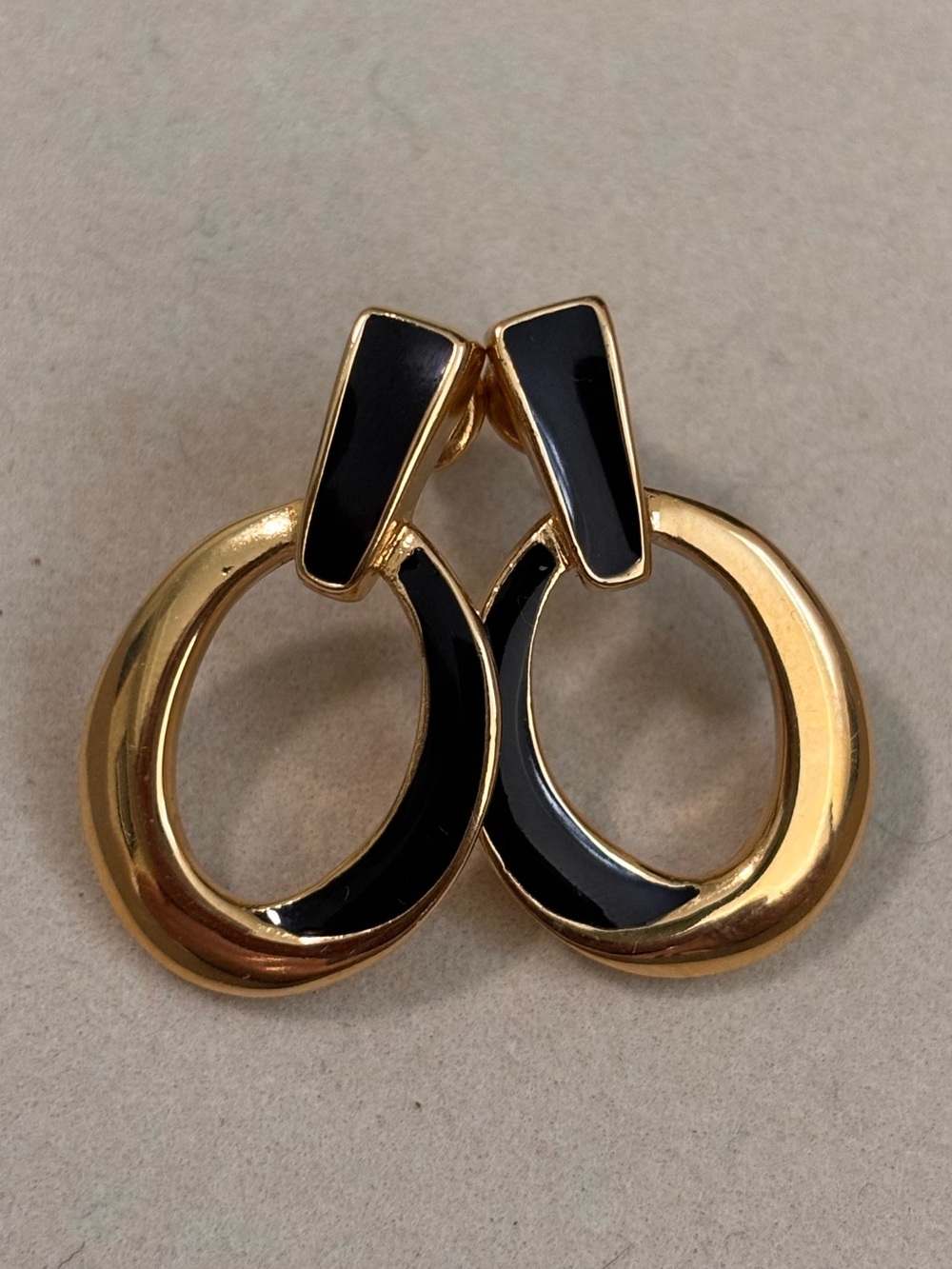 Vintage Trifari Gold and Black Enamel Hoop Drop Earrings